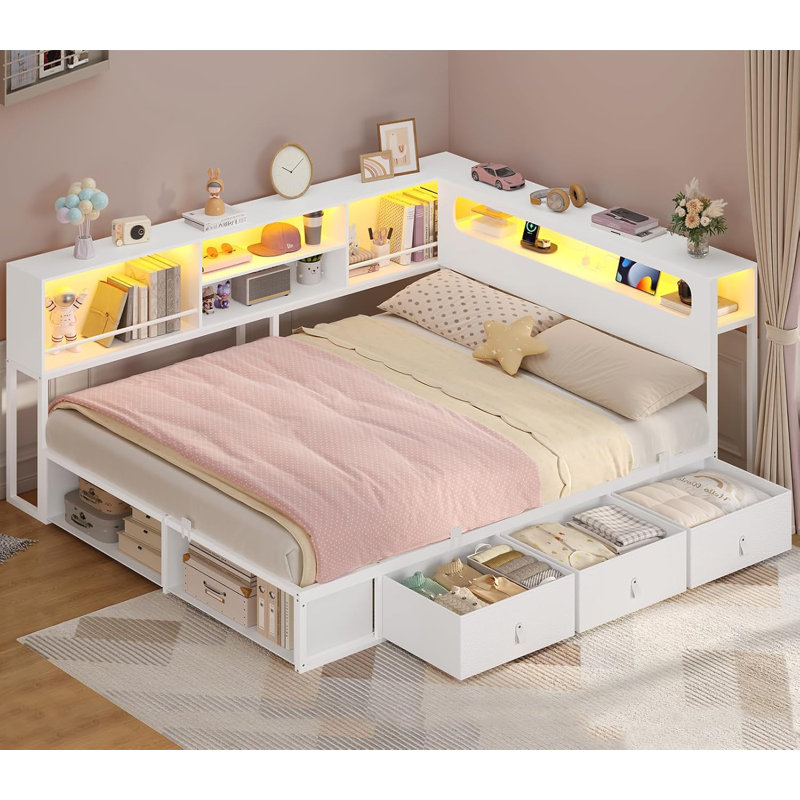 Corner Bed Frame Full Size With Bookcase Storage & Rgb Lights, Charging Station, Metal Daybed With 3 Drawers & 2 Open Cubbies, For  Small Space