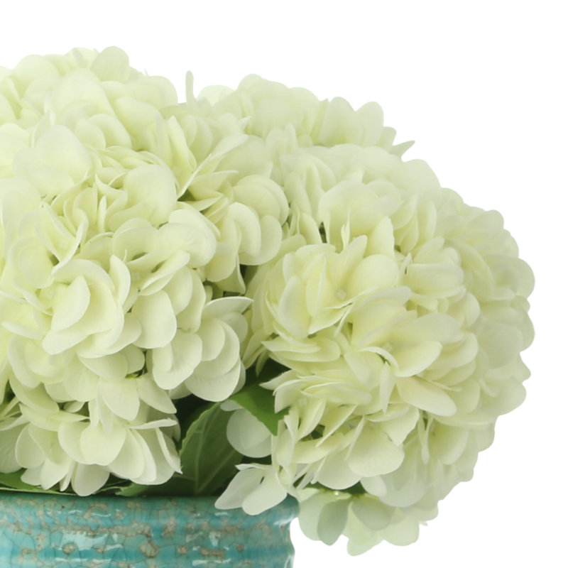 White Hydrangeas in Teal Ceramic Vase