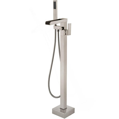 Bathroom Freestanding Waterfall Tub Filler Brushed Nickel Floor Mount Faucet With Hand Shower