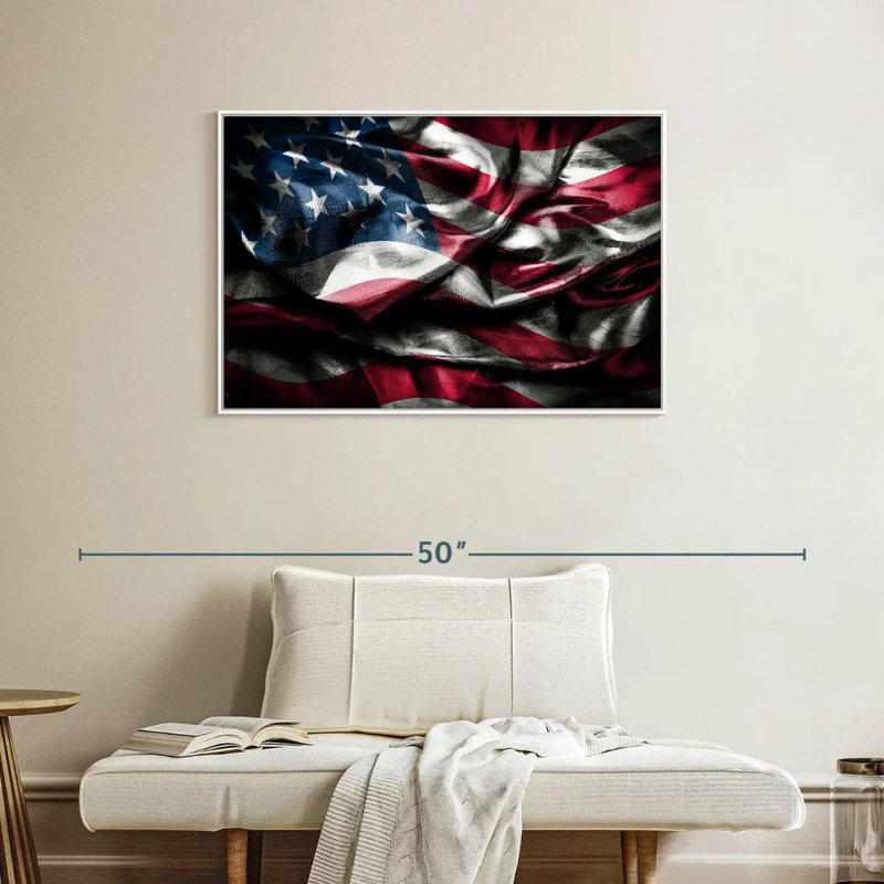 Waving American Flag, Floating Frame White, 31" X 21"