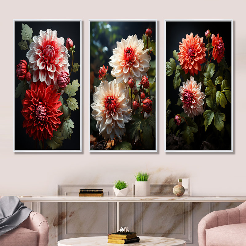 Ensemble de 3 décorations murales rouges et vertes Dahlia Bouquet Harmony I - Dahlia, Cadre flottant blanc, H 40 po x l 60 po