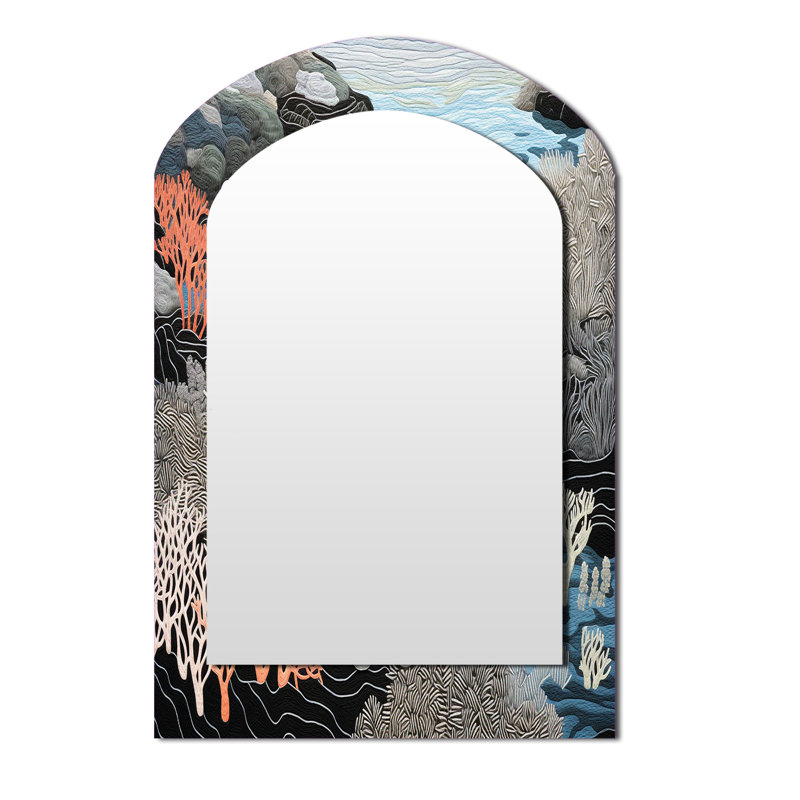 Black And White Abstract Corals River I - Corals Arch Large Wall Mirror, Grey Asymmetrical Decorative Mirror, Printed Metal Art