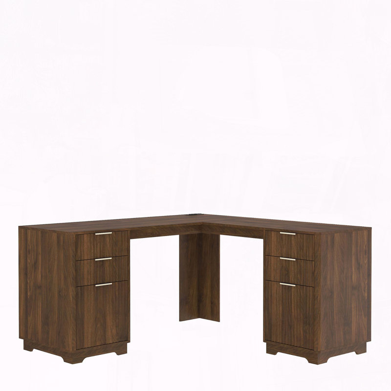 Bureau d'angle en L avec station de charge et rangement, Dark Wood
