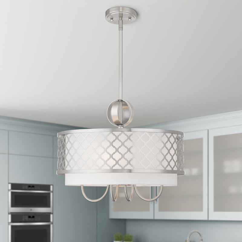 Lustre tambour 5 lumières à abat-jour Mance, Nickel brossé