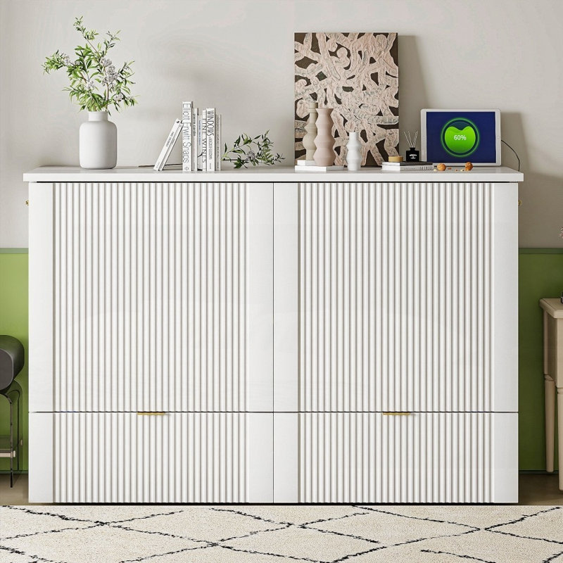 Lit escamotable double avec tiroir et amp; Prises de courant / ports USB, structure de poulie, blanc peu encombrant, Blanc
