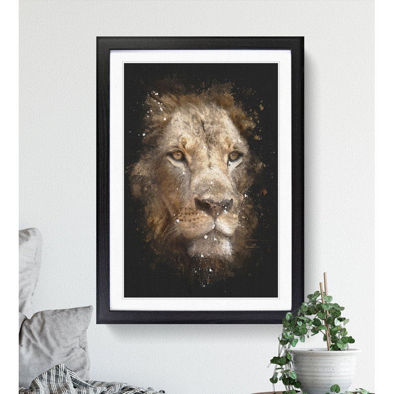Face of a Lion Paint Splash - Picture Frame Graphic Art, 65cm H x 48cm W x 2cm D, Black