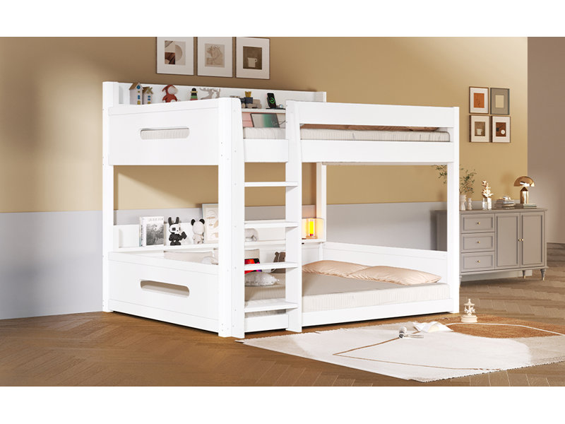 Lit superposé grand sur grand avec tablettes de rangement et ports USB, blanc, Blanc