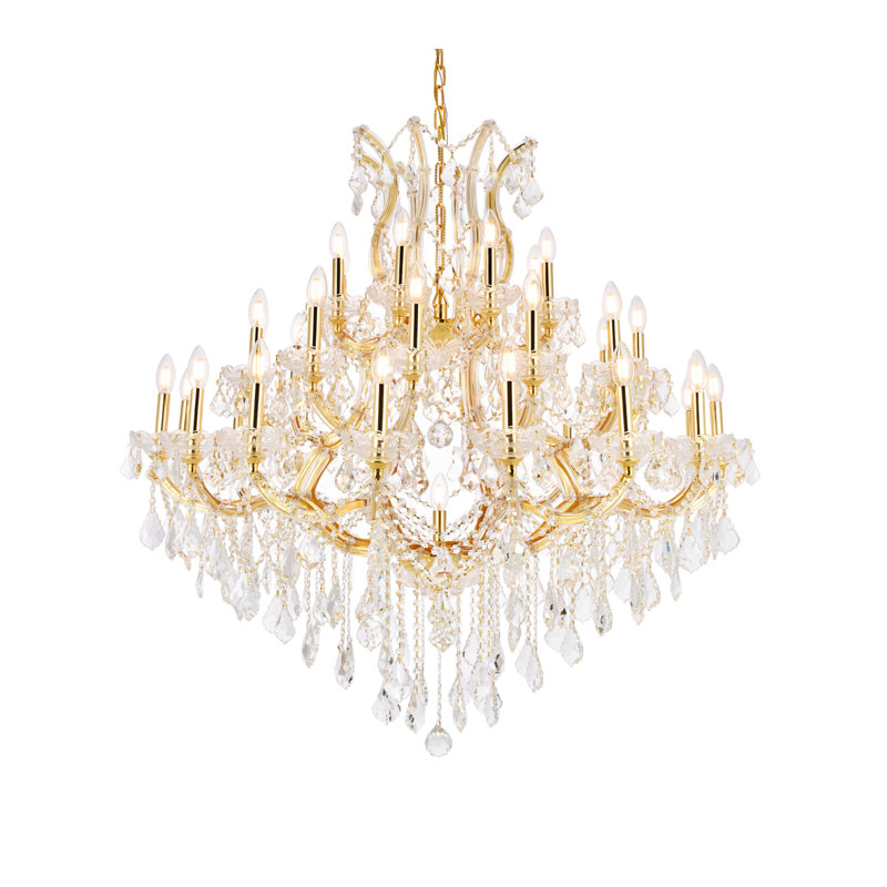 Lustre étagé de style bougie à 37 lumières Stockard, Clair, Coupe élégante, Doré