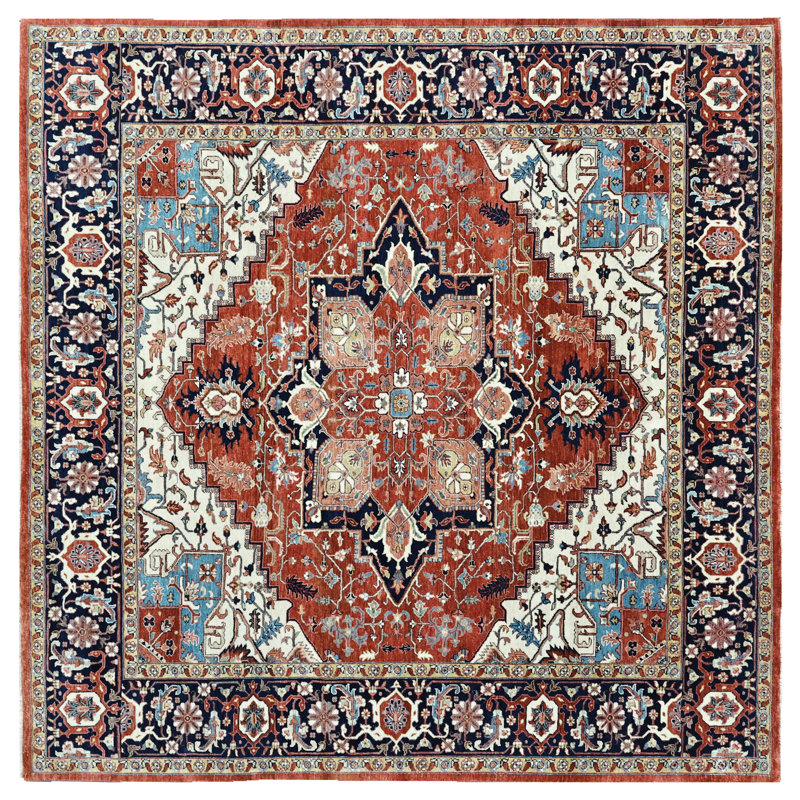 Tapis rouge et bleu marine noué à la main de haute qualité, Carré 8 pi
