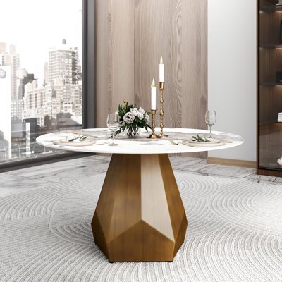 Table de salle à manger ronde blanche de 53 po avec surface en pierre frittée et base en métal, look moderne pour le salon et la chambre, feu - Perméabilité à l'eau basse, facile à entretenir, dans la pierre, base pouvant accueillir 6 personnes, style