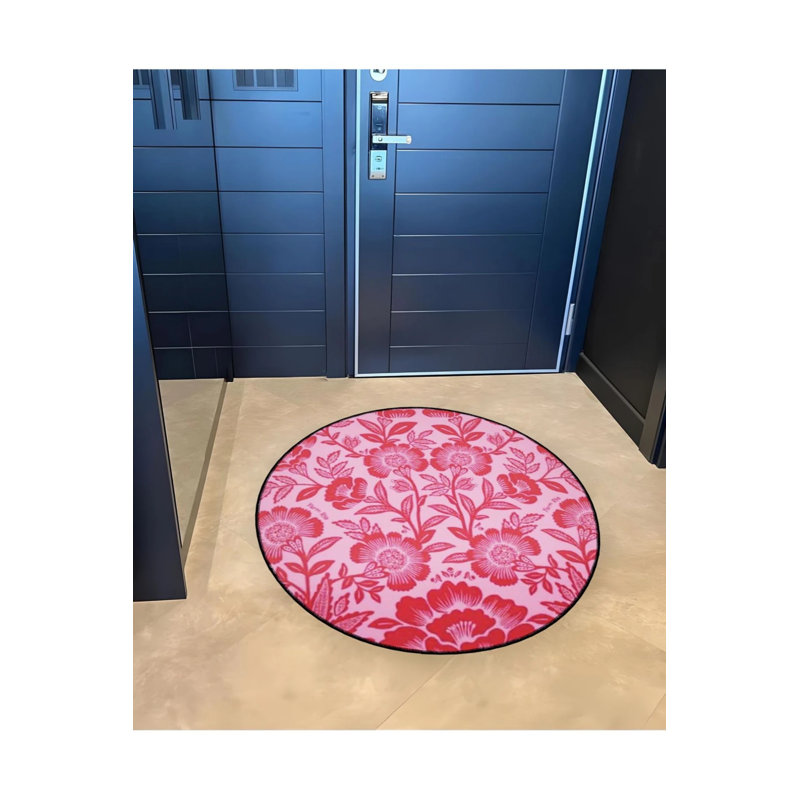 Pink Themed Floral Patterned Round Woven Base Modern Decorative Carpet, Round 5'