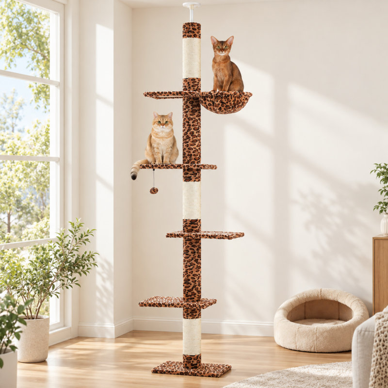 Arbre à chat du sol au plafond à motif léopard avec hamac et poteaux à griffer