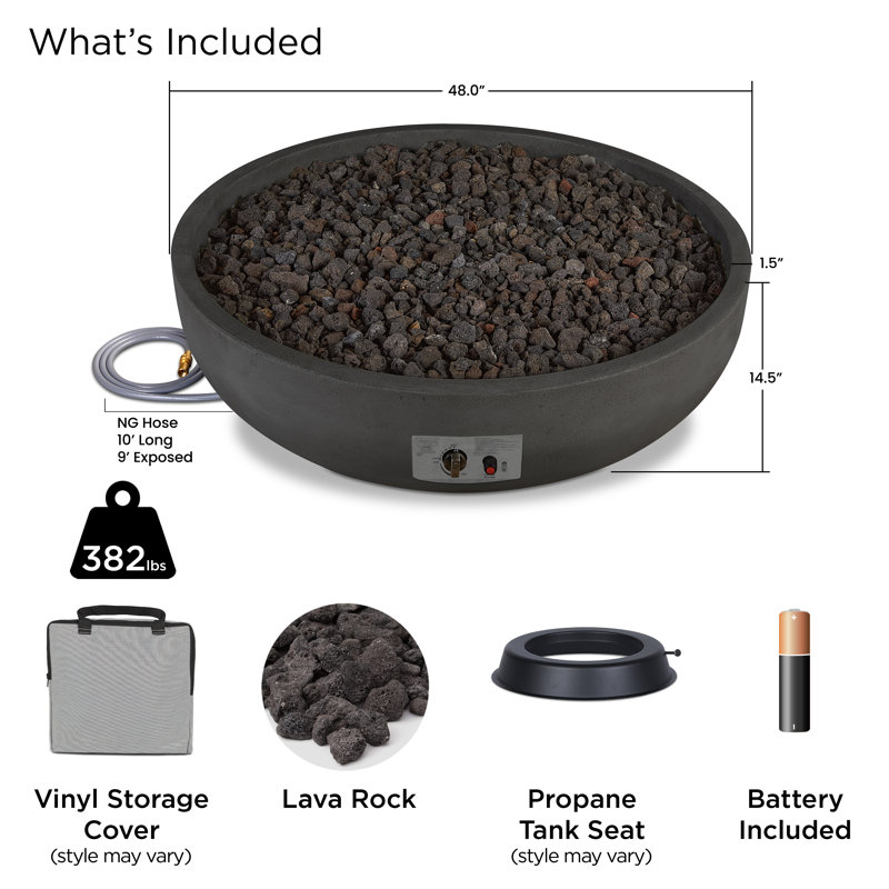 Carson 38" Round Concrete Propane Fire Pit in Carbon by Jensen Co., 14.5" H x 48" W x 48" D, Natural Gas, Black