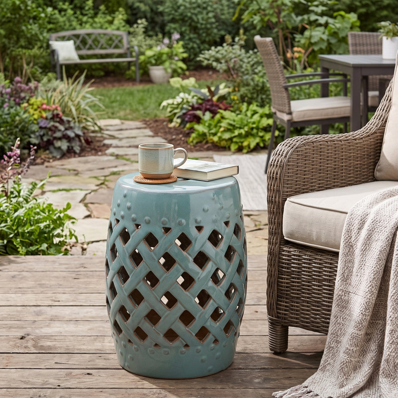 Tabouret de jardin, table d'appoint d'extérieur, table d'appoint ronde en céramique 13 po x 18 po, table d'appoint, Blue