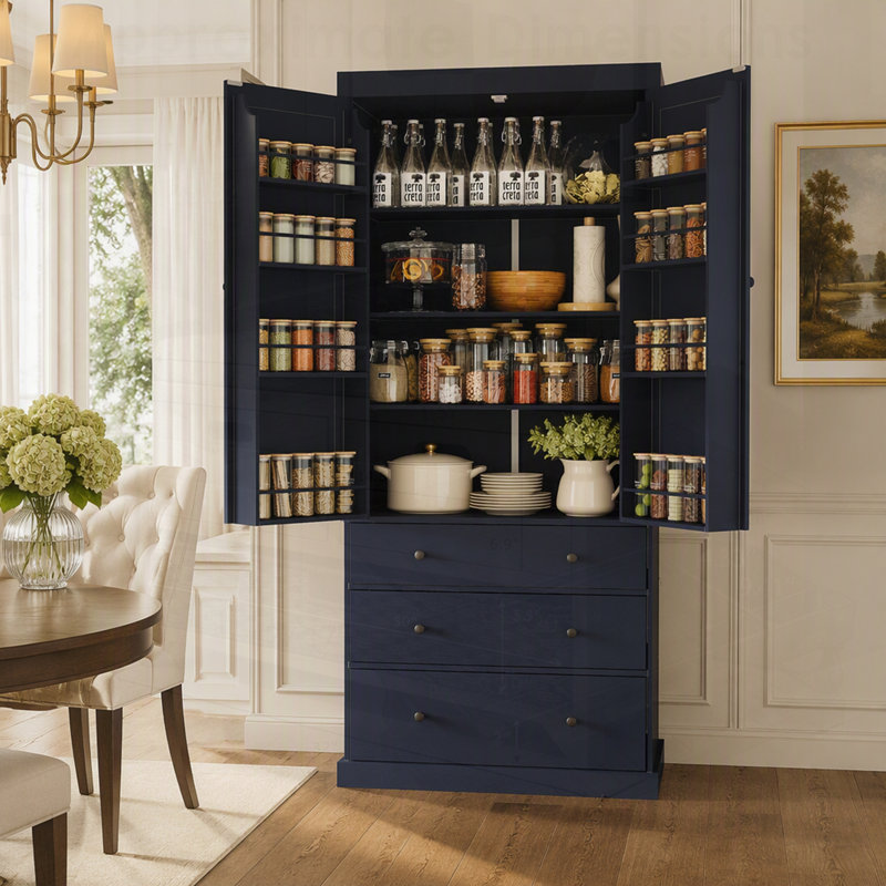 Garde-manger spacieux avec 3 tablettes réglables, 8 tablettes de porte et 3 tiroirs pour un rangement efficace