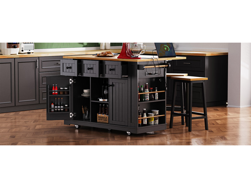 Grand îlot de cuisine 53 po avec 2 tabourets de bar et prise de courant à 3 tiroirs, Black