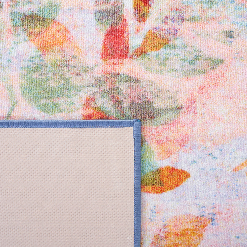 Blush Pink and Green Floral Washable Synthetic Rug