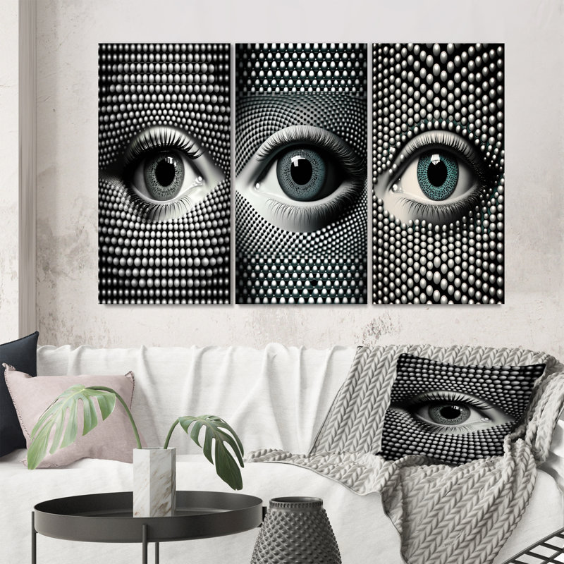 "Œil monochrome", 3 pièces sur toile, H 20 po x l 36 po, Toile tendue
