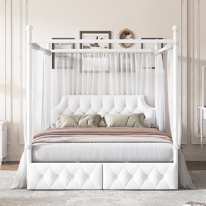 Queen Size Metal Canopy Platform Bed With Upholstered Headboard And Two Storage Drawers