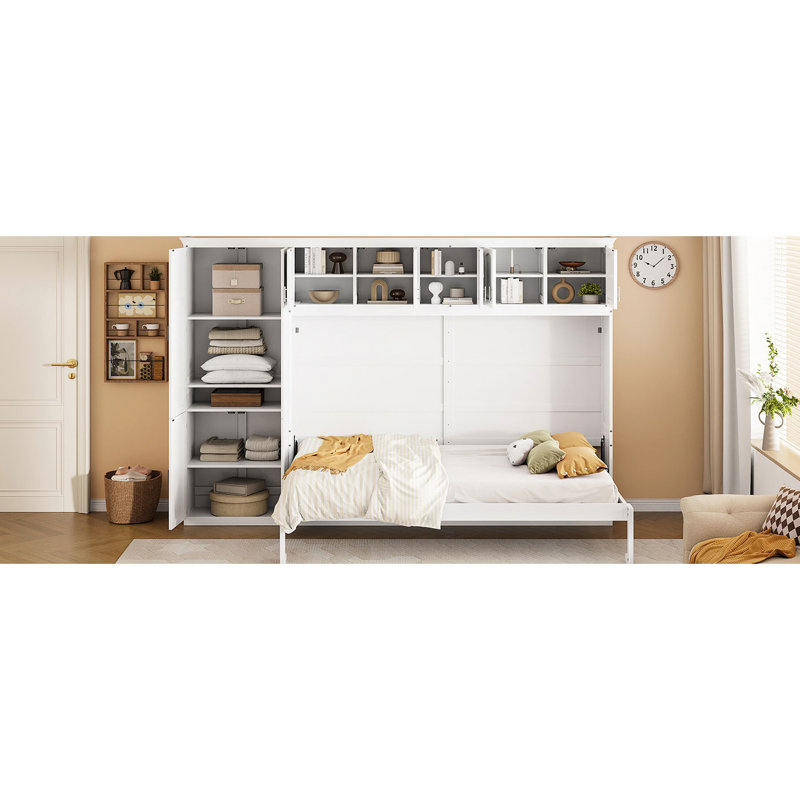 Lit pour grand lit avec armoires blanches - Rangement personnalisable de style chambre à coucher moderne et fonction d'économie d'espace