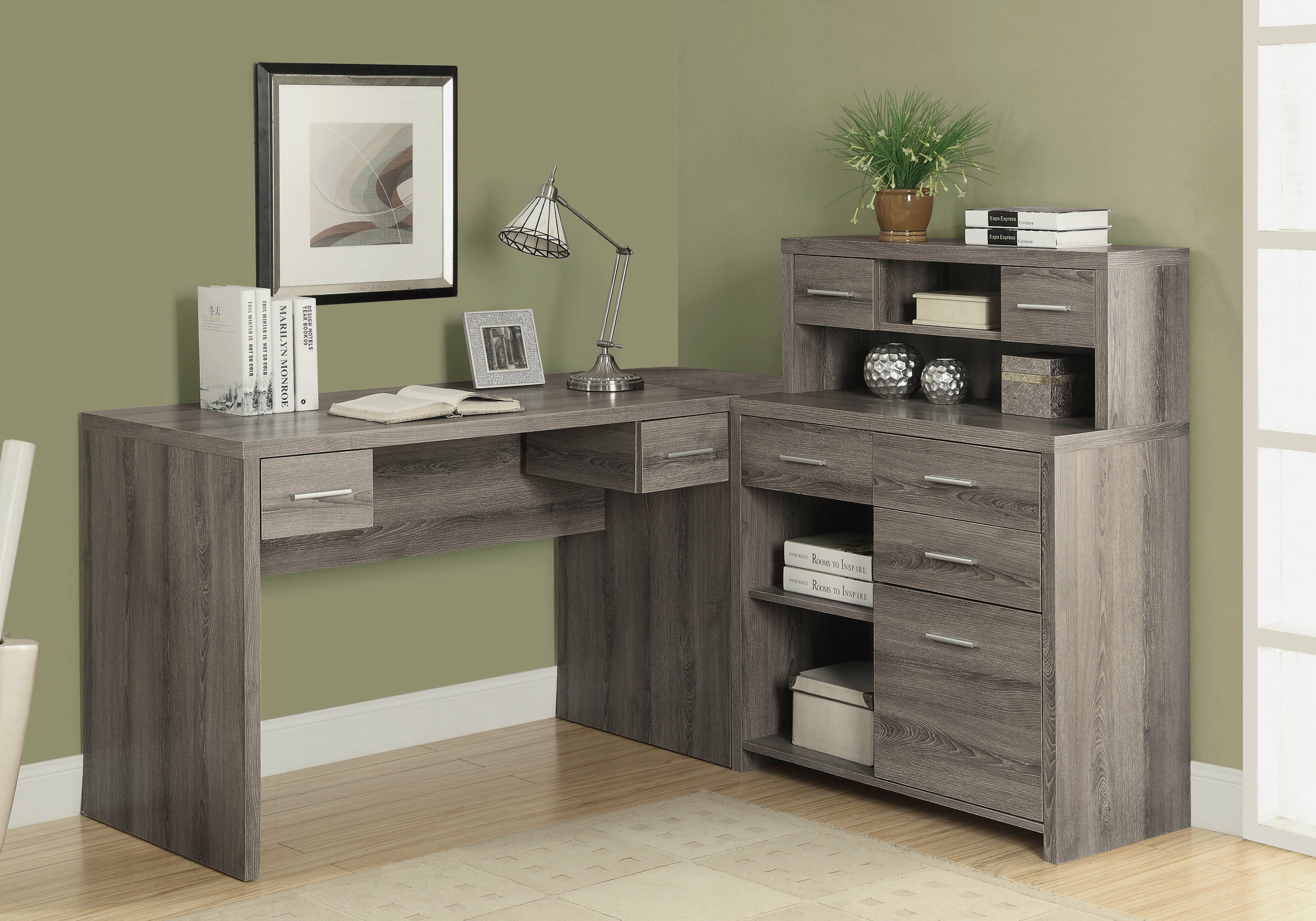 Home Office Workstation Laptop Table with Hutch and Drawers