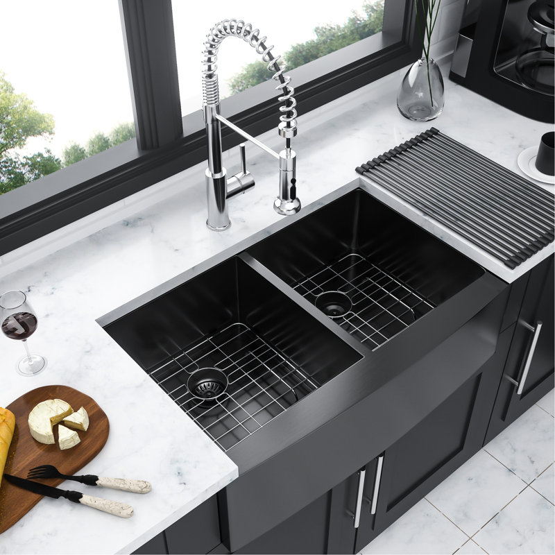 Évier en acier inoxydable noir 33 po x 21 po x 10 po - double cuve 50/50 16 g avec fonction de durabilité solide