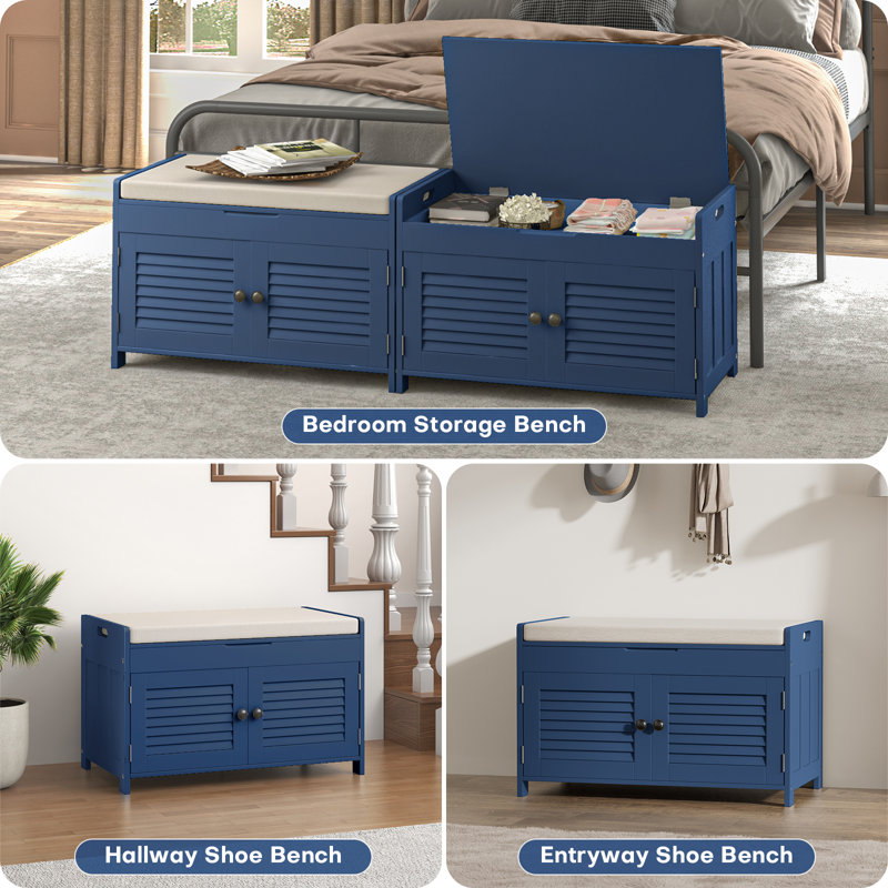 Shoe Storage Bench with Lift Top Storage, Wood Entryway Bench with Cushion, Adjustable Shelves, Blue