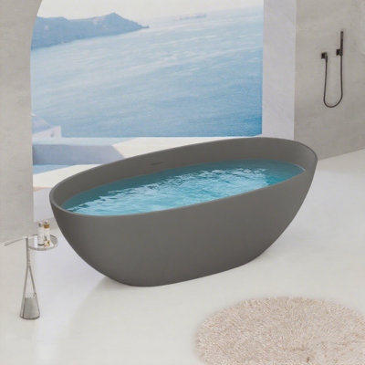65" x 30" Freestanding Soaking Solid Surface Bathtub Stone Resin Bath Tub with Overflow, Pop-up Drain, Matte Gray
