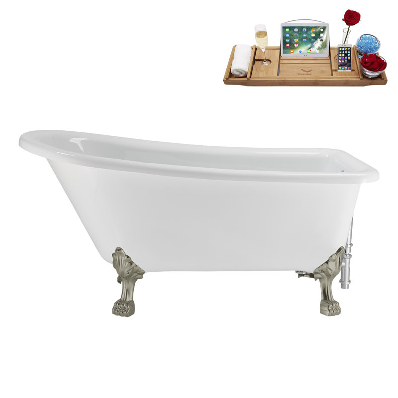 58" Streamlin Clawfoot Tub,Tray,Drain, Clawfeet, Brushed Nickel, Polished Chrome