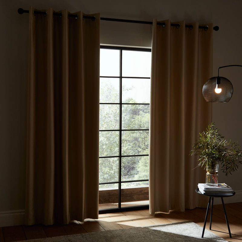 Faux Silk Blackout Thermal Insulating Eyelet Curtains, Champagne Gold, 229 x 229 cm