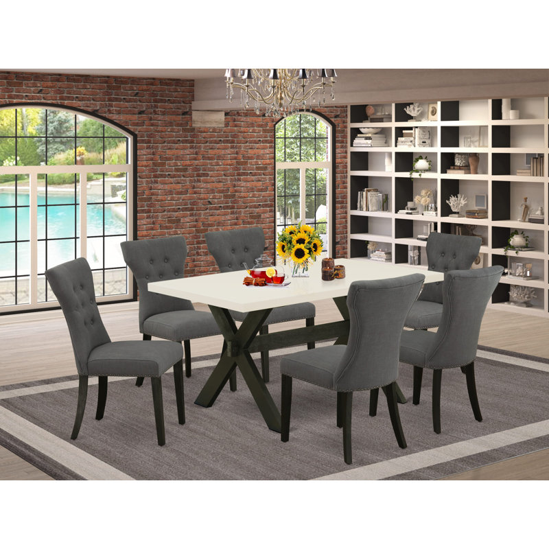 7 Piece Dinette Set Consist of a Rectangle Dining Room Table with X-Legs and 6 Dark Gotham Linen Fabric Upholstered Chairs, Wire brushed Black