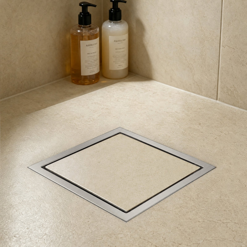 6" Square Shower Drain with Grid Cover, Floor Drain with Hair Strainer, Brushed Nickel
