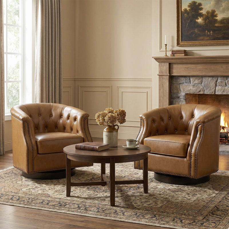 Chaise berçante et pivotante en cuir véritable avec garniture cloutée Nixmary Chesterfield, Cuir véritable chameau