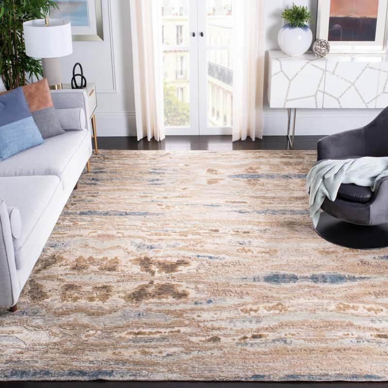 Abstract Hand Knotted Blue/Beige Area Rug, Rectangle 6' x 9'