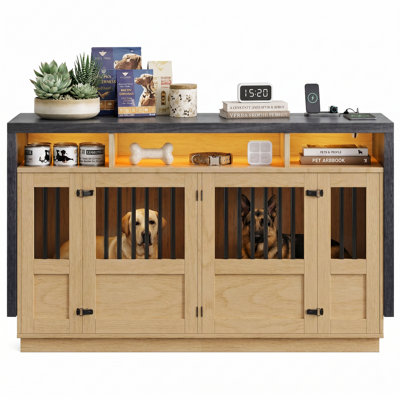 71" Double Dog Crate Furniture with Divider & Power Outlet