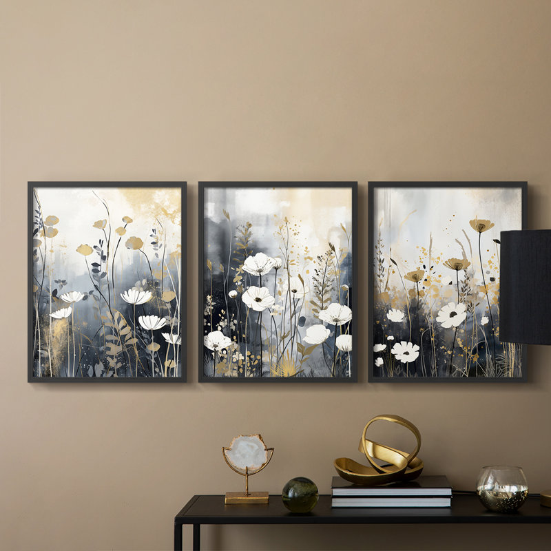Étude florale série Cxxxxi - ensemble de 3 estampes giclées encadrées - prêt à, Cadre noir, H 10 po x l 8 po