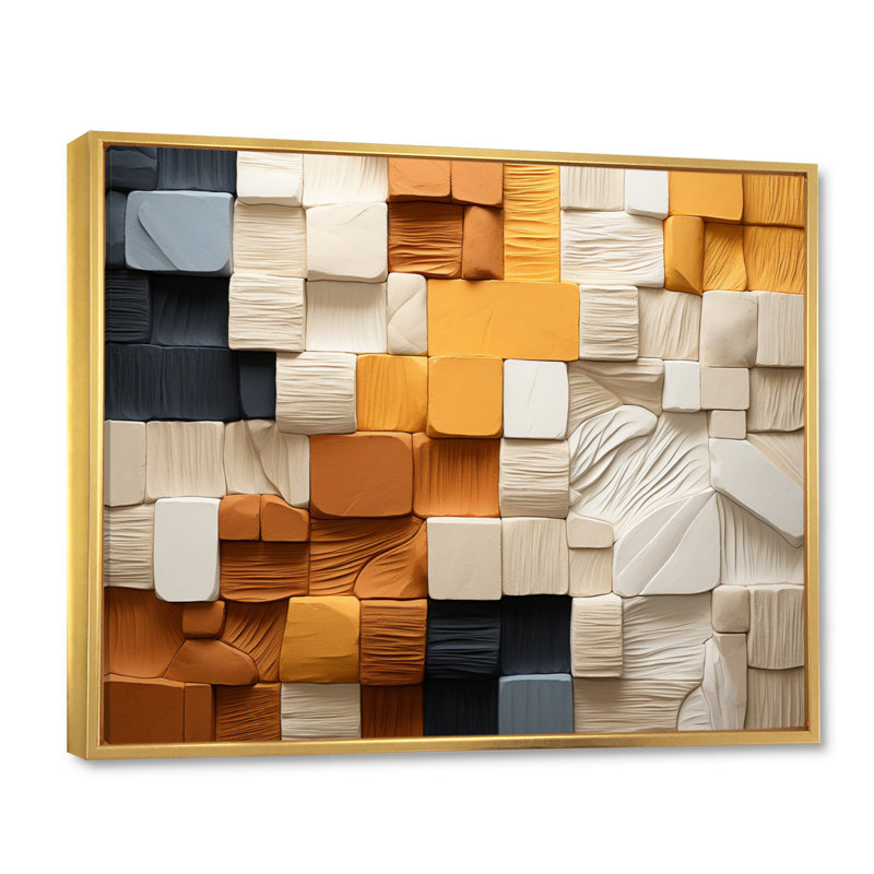 Cubique jaune et gris II sur toile, Cadre flottant doré, H 34 po x l 44 po x P 1,5 po