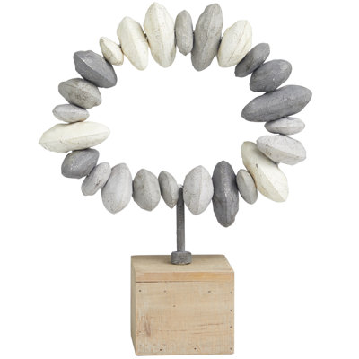 Cecel Metal Circular Stone Abstract Decorative Gray Sculpture with Brown Wooden Base