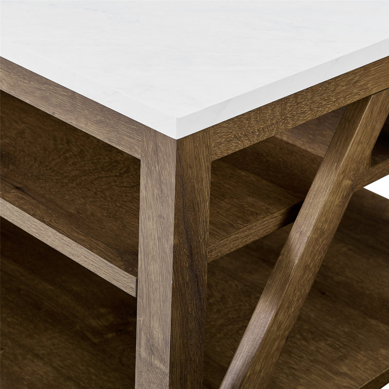 Table basse avec rangement Emmie, Plateau en marbre blanc / base en noyer naturel
