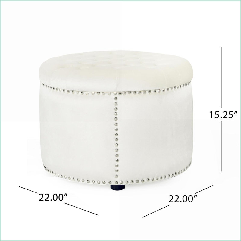 Ottoman Round  Velvet Studded Footrest Extra Seat | Wood, Beige