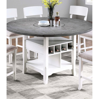 Table de cuisine et de salle à manger de style classique, 60 po ronde, conversion carrée, gris et blanc antique, tablettes intégrées, paresseux, hauteur de comptoir