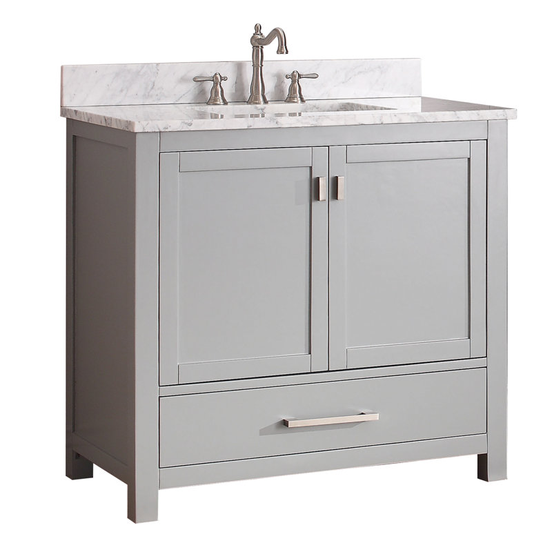 Modero 36" Single Bathroom Vanity with Top, Carrera White Marble, Chilled Gray, Brushed Nickel