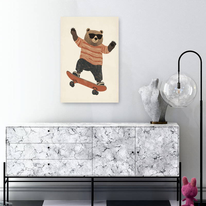 Cool Bear Skater Modern Playful Retro Bear Wall Art Print 1 Piece Wrapped Canvas Wall Art, 91.44cm H x 60.96cm W