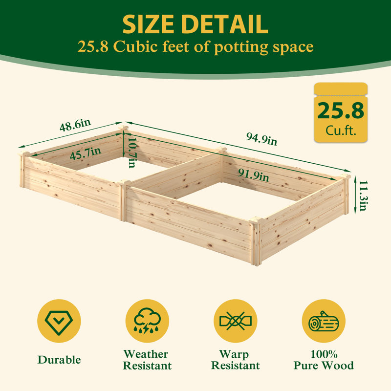 Outdoor Wood Elevated Planter Box for Yard, Open-Bottom Natural Wood Raised Bed Planter, 11.3" H x 94.5" W x 47.4" D