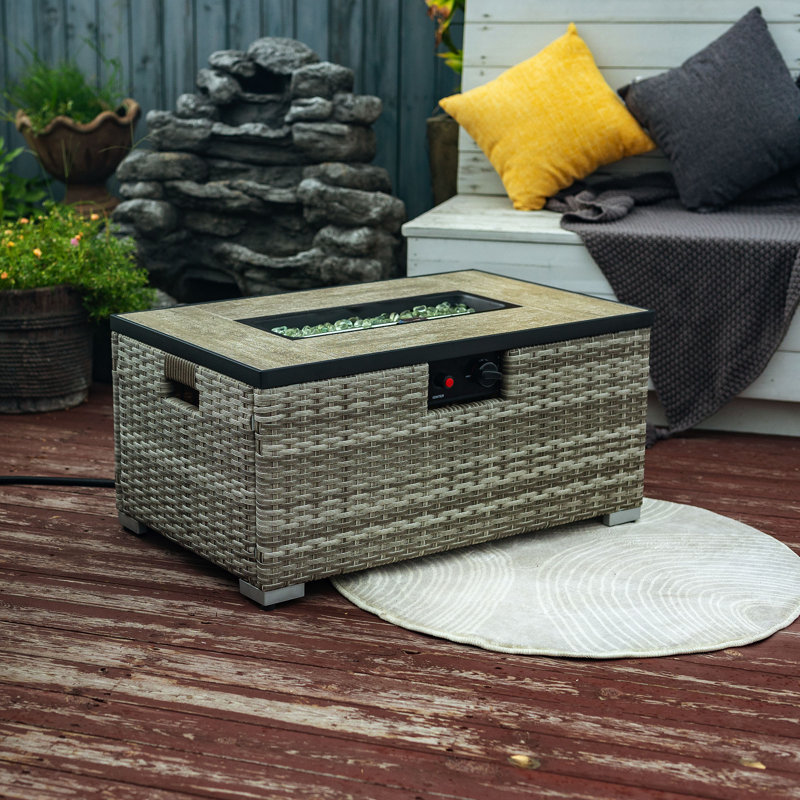 Rattan Fire Pit Table With Tank Holder And Ceramic Tile Tabletop, Beige