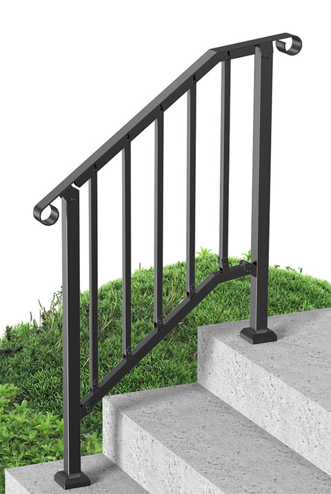 Matte black metal stair railing with scroll ends installed on concrete outdoor steps.