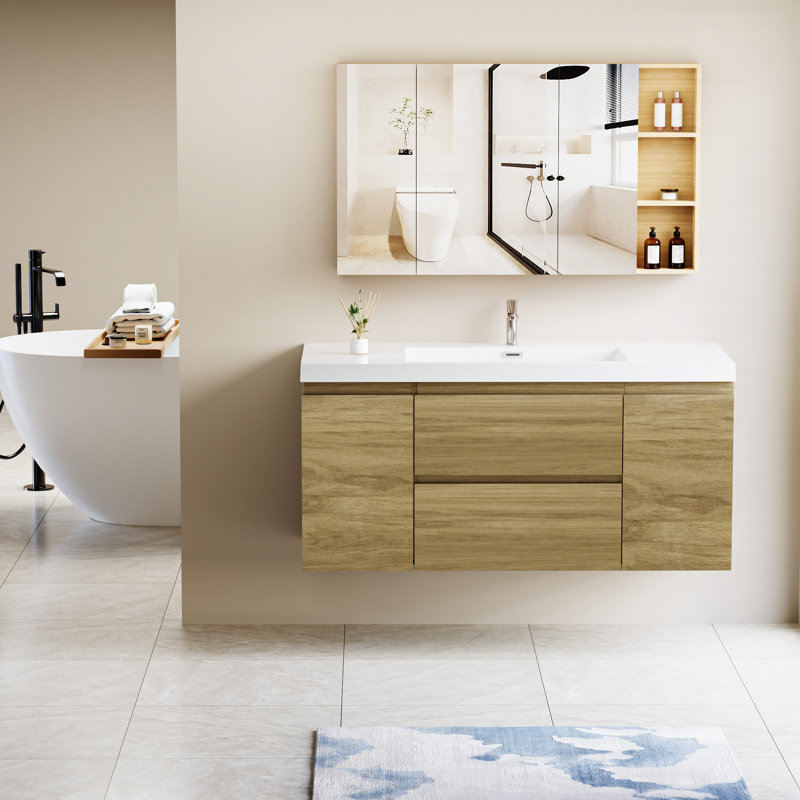 48" Floating Bathroom Vanity With Sink, Chêne