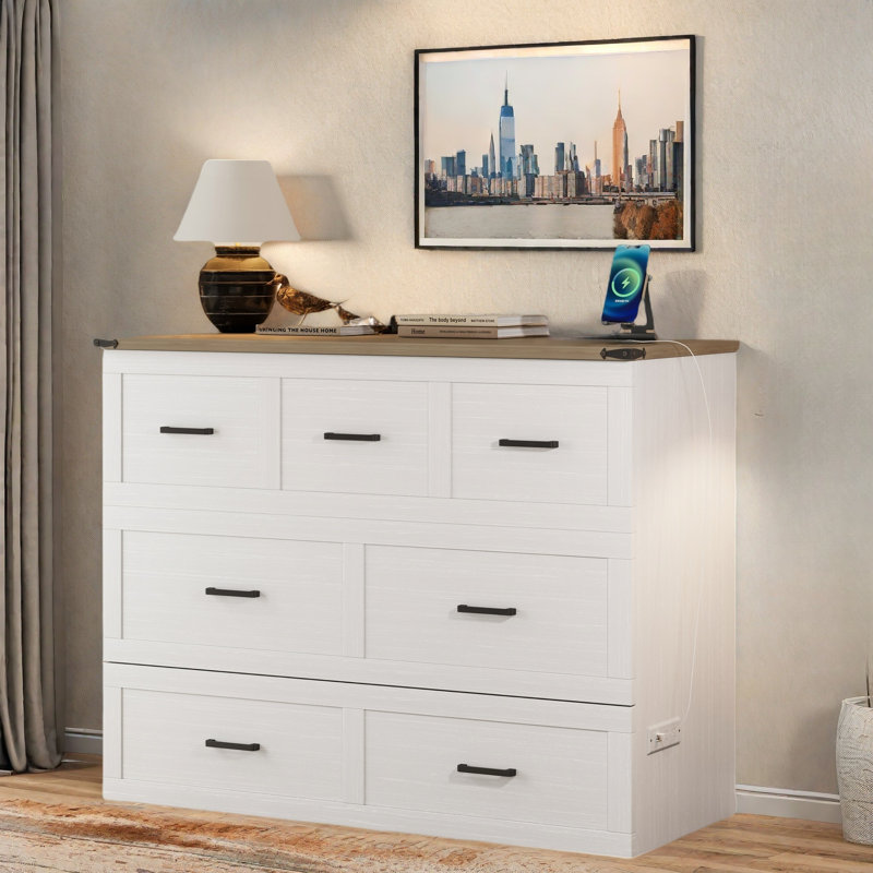 Multi-functional Foldable Murphy Bed  With Charging Station And 1 Large Storage Drawer, White, Full