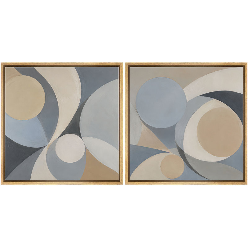 Bleu, gris et beige, cercle géométrique abstrait, décor moderne, toile encadrée, art mural, ensemble de 2 pièces