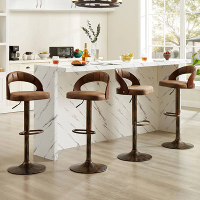 George Set of 4 Adjustable Height Bar Stools Mid-Century Modern Faux Leather Wood Chair 360° Swivel, Industrial Pedestal Base, for Kitchen, Counter, Home Bar